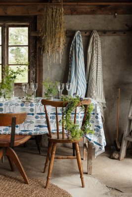 Picknick, fabric by the meter, blue/beige