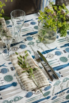 Picknick, oil cloth fabric, blue beige