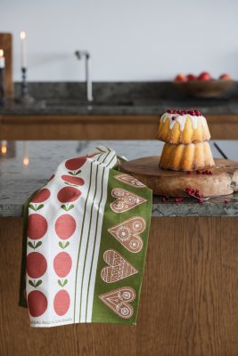 Frukt och kaka, tea towel, red green