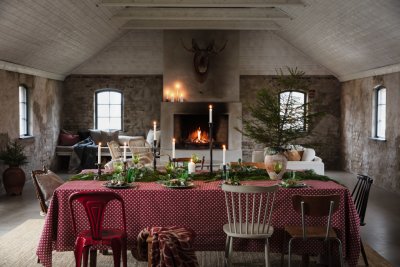 Table setting with a red tablecloth